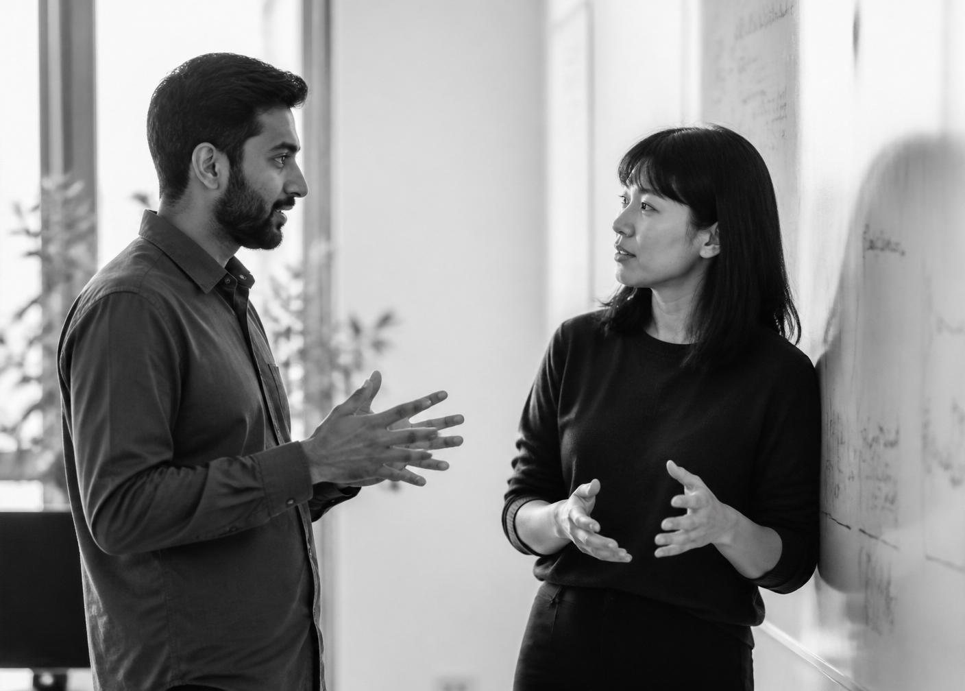 Two colleagues in dialogue at a whiteboard